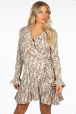 Foil Print Wrap Dress In Beige