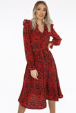 Red Floral Print Front Knotted Midi Dress