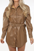 Brown Faux Leather Pocket Detail Shirt Dress