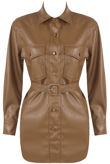 Brown Faux Leather Pocket Detail Shirt Dress