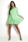 Green Print Belted Flare Shirt Dress