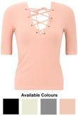 Rose Ribbed Lace Up Fitted T-Shirt