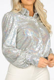 Silver Sequin Front Button Up Shirt