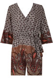 Brown Printed Cross Over Wing Sleeve Playsuit