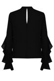 Black Ruffle Long Sleeve Satin Blouse