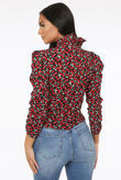 Black Contrast Floral Print Knotted High Neck Tops
