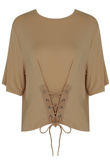 Beige Front Lace Tie Up Crop Tops