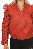 Rust Polka Dot Mesh Sleeve Bomber Jacket 