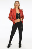 Rust Polka Dot Mesh Sleeve Bomber Jacket 