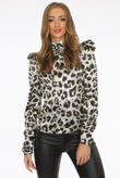 Silver Leopard Mock Neck Puffed Sleeves Tops