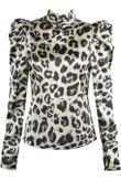 Silver Leopard Mock Neck Puffed Sleeves Tops
