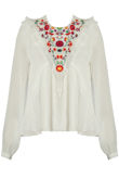 White Contrast Floral Embroidery Frilled Tops
