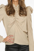 Beige Front Ruched High Neck Tops