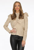 Beige Front Ruched High Neck Tops