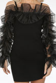 Black Frill Trim Cold Shoulder Ribbed Midi Dress