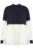 Navy Ribbed High Neck Tier Sleeve Jumper With Gatherings
