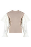 Beige Ribbed High Neck Frill Sleeve Jumper