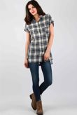 Blue Contrast Tartan Print Roll Up Sleeve Tops