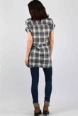 Blue Contrast Tartan Print Roll Up Sleeve Tops