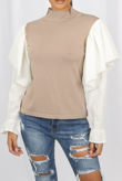 Beige Ribbed High Neck Frill Sleeve Jumper