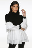 Black Ribbed High Neck Tier Sleeve Jumper With Gatherings