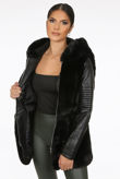 Black PU Sleeves Fur Trim Tie Up Coat