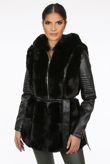 Black PU Sleeves Fur Trim Tie Up Coat