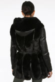 Black PU Sleeves Fur Trim Tie Up Coat