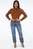 Camel Mesh Sleeves Ribbed Jumper
