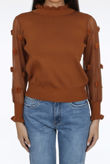Camel Mesh Sleeves Ribbed Jumper