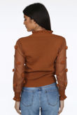 Camel Mesh Sleeves Ribbed Jumper