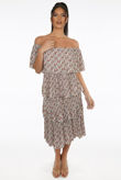 Beige Floral Print Off Shoulder Tier Dress