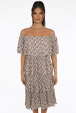 Beige Floral Print Off Shoulder Tier Dress