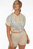 Beige Hooded Sequin Trim Jumper & Sequin Panel Shorts Set 