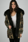 Black Faux Fur Lined Camouflage Hooded Parka Coat