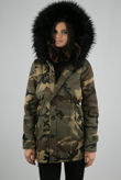 Black Faux Fur Lined Camouflage Hooded Parka Coat