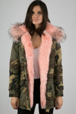 Pink Faux Fur Lined Camouflage Hooded Parka Coat