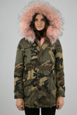 Pink Faux Fur Lined Camouflage Hooded Parka Coat