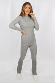 Grey Side Slit Knitted Round Neck Jumper & Trouser Set