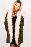  Khaki With Pink Fur Hood Fleece Lined Parka Coats