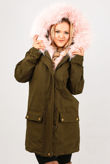  Khaki With Pink Fur Hood Fleece Lined Parka Coats