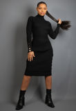 Black Ribbed High Neck Midi Dress