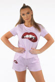 Lilac Sequin Lips Trim Round Neck Tees & Shorts Set