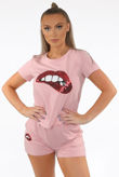 Pink Sequin Lips Trim Round Neck Tees & Shorts Set