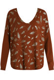 Foil Leaf Print Knitted Tan Jumper
