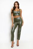 Khaki PU Crop Top And Trouser Set