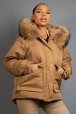 Camel Padded Jacket With Fur Trim Hood