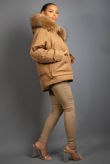 Camel Padded Jacket With Fur Trim Hood