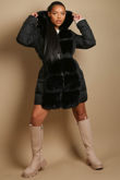 Belted Faux Fur Trim Midi Puffer Coat