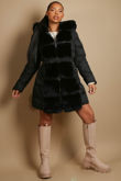 Belted Faux Fur Trim Midi Puffer Coat
